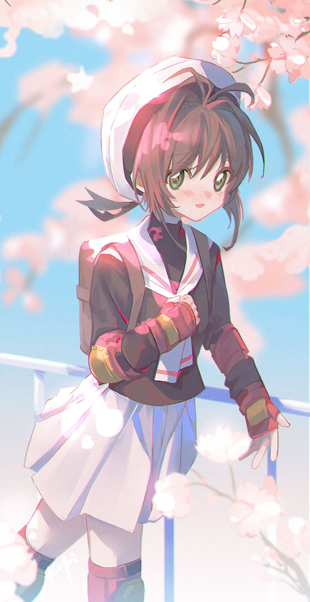 1girl, backpack, bag, blush, brown_hair, cardcaptor_sakura, female_child, fingerless_gloves