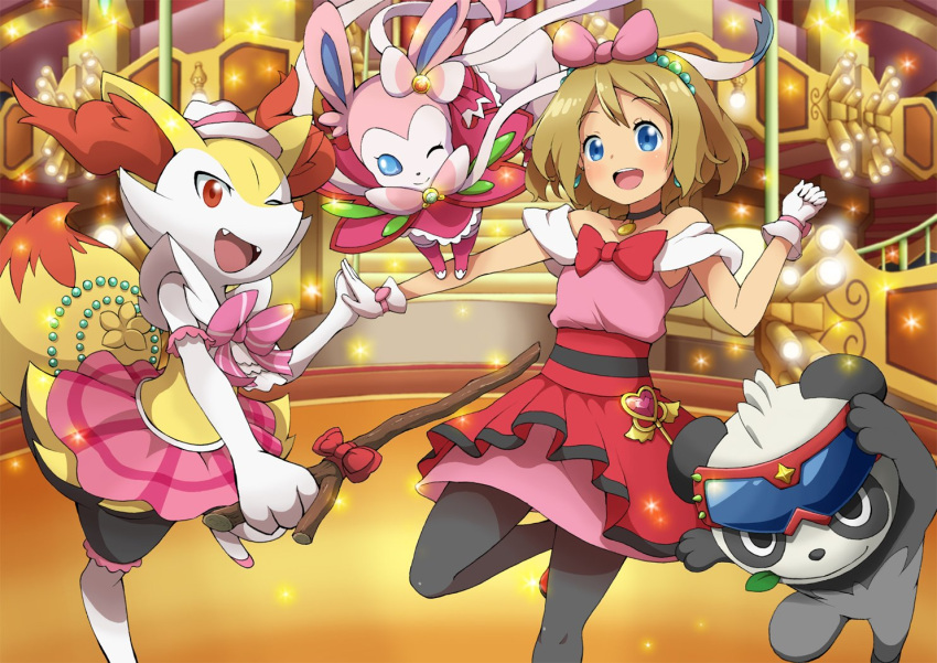 1girl, black_choker, blue_eyes, bow, braixen, choker, clothed_pokemon, gloves