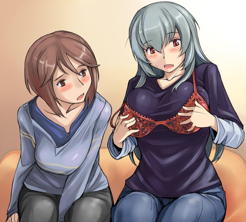 blush, bra, breasts, brown_eyes, brown_hair, casual, jeans, large_breasts