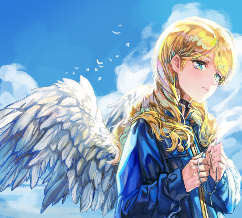 1girl, bird, blue_eyes, blue_jacket, clouds, expressionless, flat_chest, flying