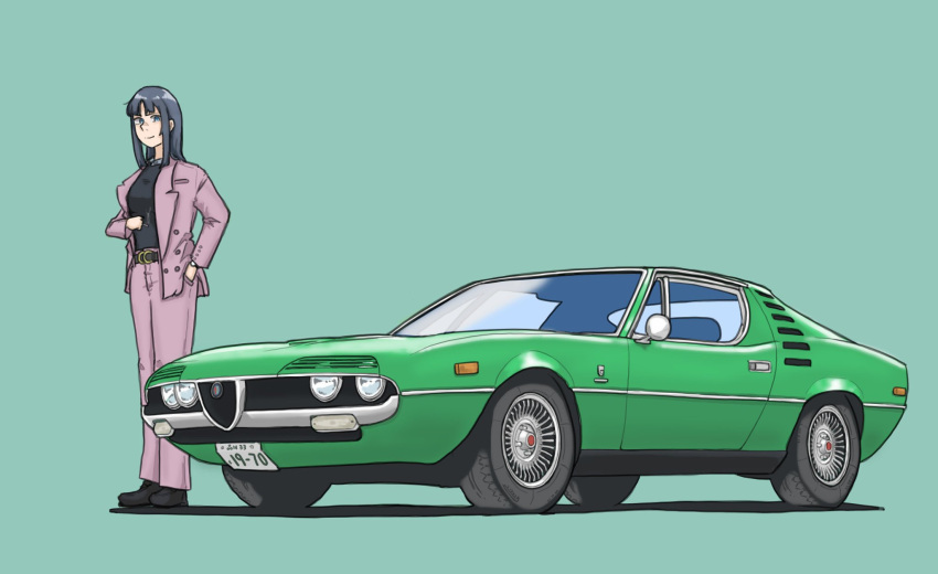 1girl, alfa_romeo, alfa_romeo_montreal, belt, black_footwear, black_hair, black_sweater, blue_eyes, boots, brown_belt, car, green_car, hair_behind_ear, hand_in_pocket, highres, license_plate, long_hair, motor_vehicle, muscle_car, omochi_(ricecake9322), original, pants, pink_pants, shadow, smile, standing, sweater, vehicle_focus