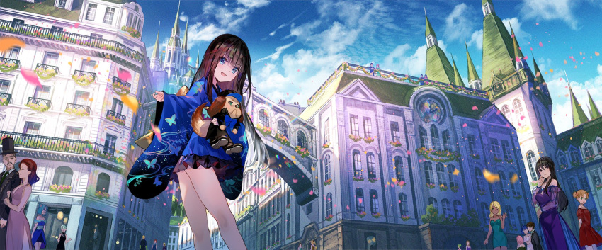 animal, black_hair, blue_eyes, blue_sky, bow, bowtie, bridge, building