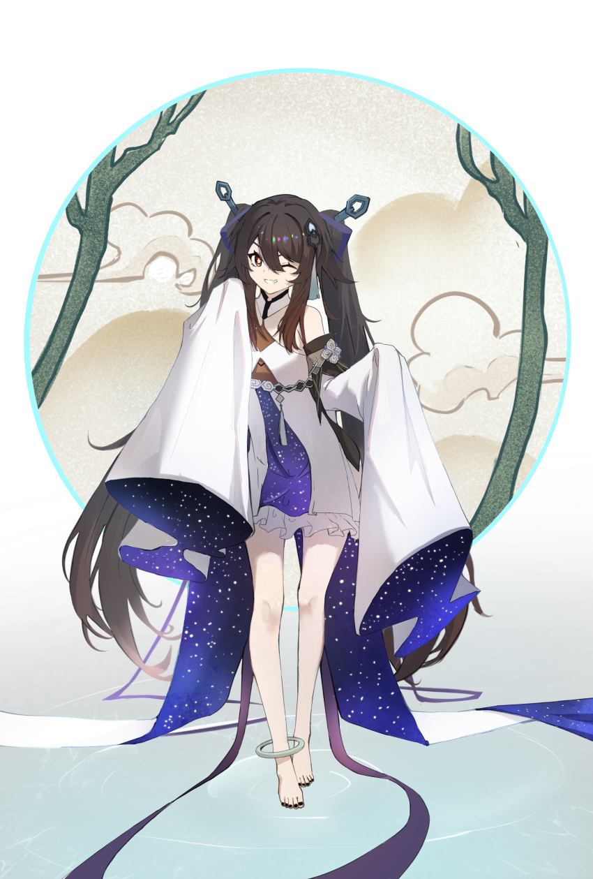1girl, absurdres, barefoot, black_nails, brown_hair, cosplay, costume_switch, flower-shaped_pupils