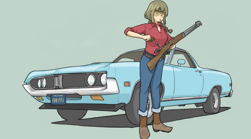 1girl, absurdres, boots, braid, breasts, brown_footwear, brown_hair, car, ford, ford_ranchero, green_background, green_eyes, gun, hair_behind_ear, highres, holding, holding_gun, holding_weapon, license_plate, looking_down, medium_breasts, motor_vehicle, omochi_(ricecake9322), original, pickup_truck, rifle, shadow, solo, sunglasses, truck, vehicle_focus, weapon, weapon_request