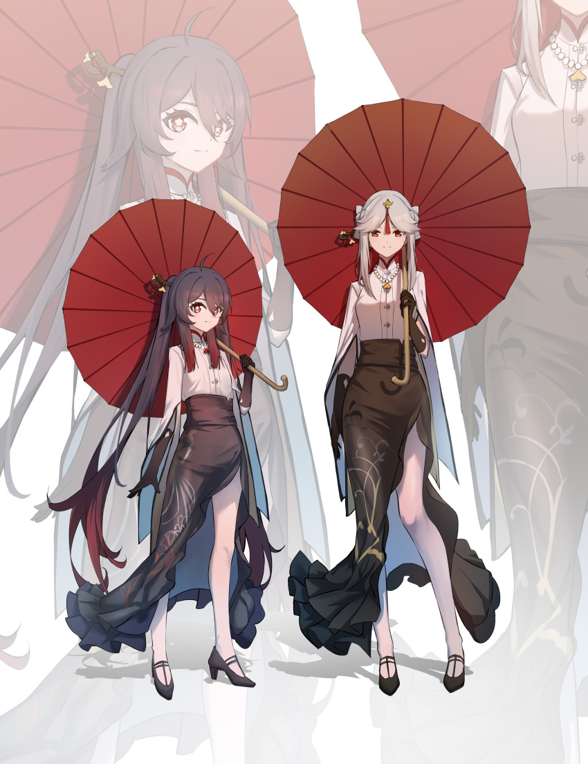 2girls, absurdres, ahoge, brown_hair, cosplay, flower-shaped_pupils, full_body, genshin_impact, hair_ornament, highres, hu_tao_(genshin_impact), long_hair, looking_at_viewer, multiple_girls, ningguang_(genshin_impact), ningguang_(genshin_impact)_(cosplay), ningguang_(pizza_hut)_(genshin_impact), oil-paper_umbrella, qixia, red_eyes, simple_background, symbol-shaped_pupils, thighs, umbrella, white_background, white_hair