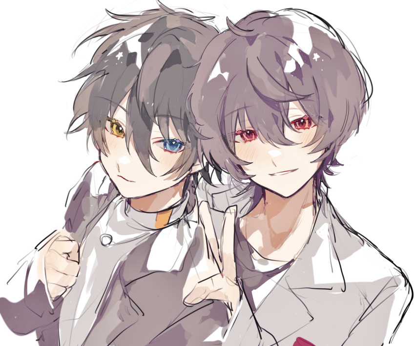 2boys, black_hair, black_jacket, black_shirt, blue_eyes, blush, brown_hair, closed_mouth