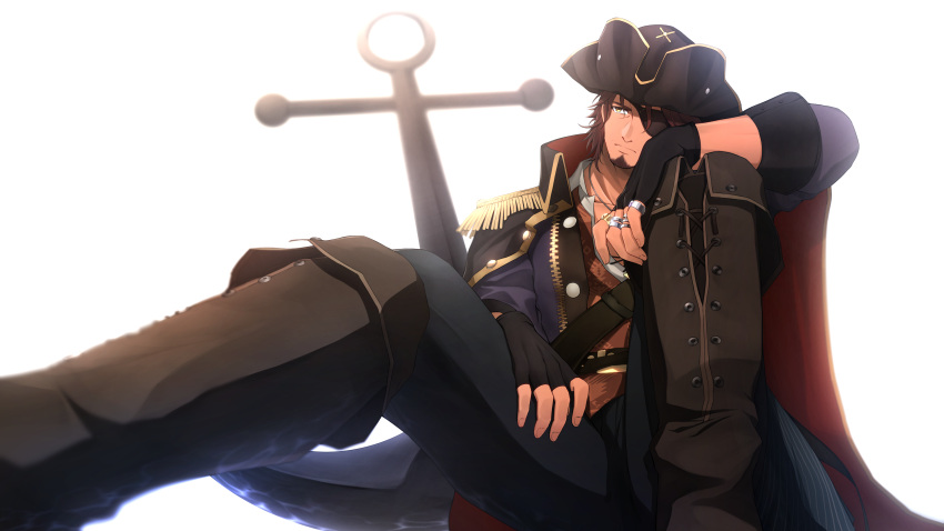 1boy, absurdres, anchor, beard, belmond_banderas, black_gloves, black_headwear, black_jacket