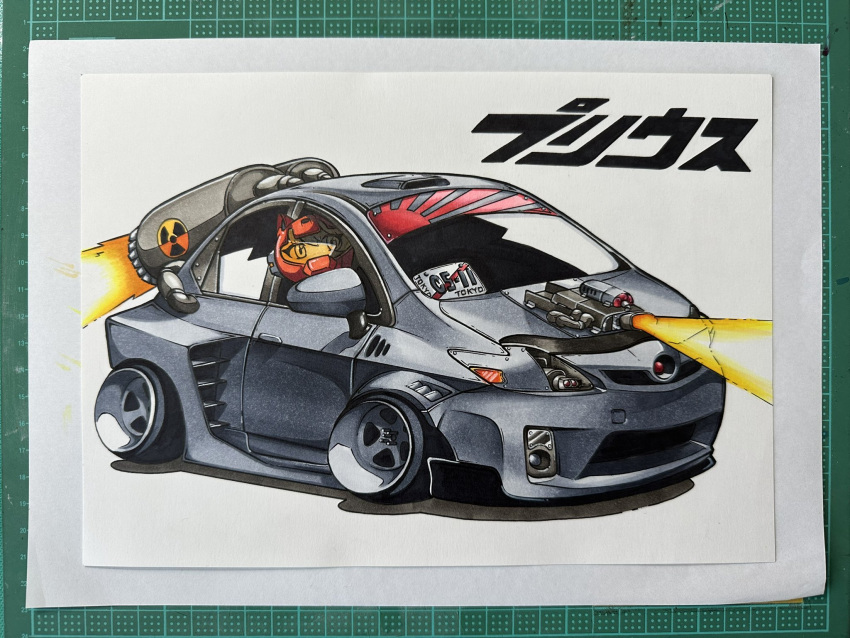 1girl, animal_ear_headwear, car, grey_hair, helmet, highres, license_plate, motor_vehicle