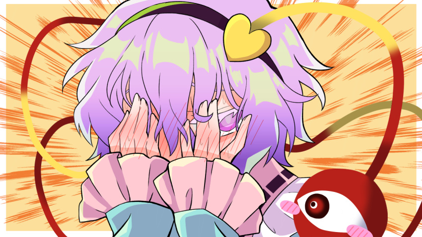 1girl, black_hairband, blue_shirt, blush, embarrassed, hairband, hand_on_own_face, heart