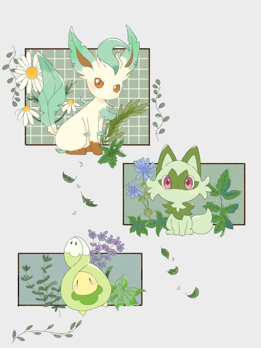 blue_flower, brown_eyes, budew, falling_leaves, flower, full_body, grid_background, highres