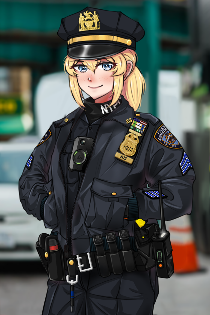 1girl, artist_name, belt, black_belt, black_jacket, black_pants, black_shirt, blonde_hair, blue_eyes, blurry, blurry_background, body_cam, breast_pocket, car, closed_mouth, commentary, cowboy_shot, hair_between_eyes, hands_in_pockets, hat, jacket, jizi, long_hair, long_sleeves, motor_vehicle, name_tag, new_york_city_police_department, original, outdoors, pants, patch, peaked_cap, pocket, police, police_badge, police_hat, police_uniform, policewoman, ponytail, shirt, shoulder_patches, sidelocks, smile, solo, standing, traffic_cone, uniform, united_states, utility_belt, walkie-talkie, zipper
