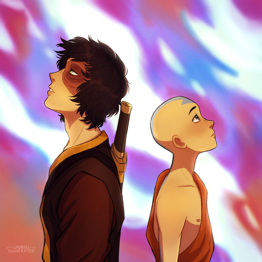 2boys, aang, artist_name, avatar:_the_last_airbender, avatar_legends, bald, black_hair, fire, grey_eyes, highres, lauren_illustrated, looking_up, male_focus, multiple_boys, nipples, parted_lips, scar, scar_across_eye, tattoo, yellow_eyes, zuko