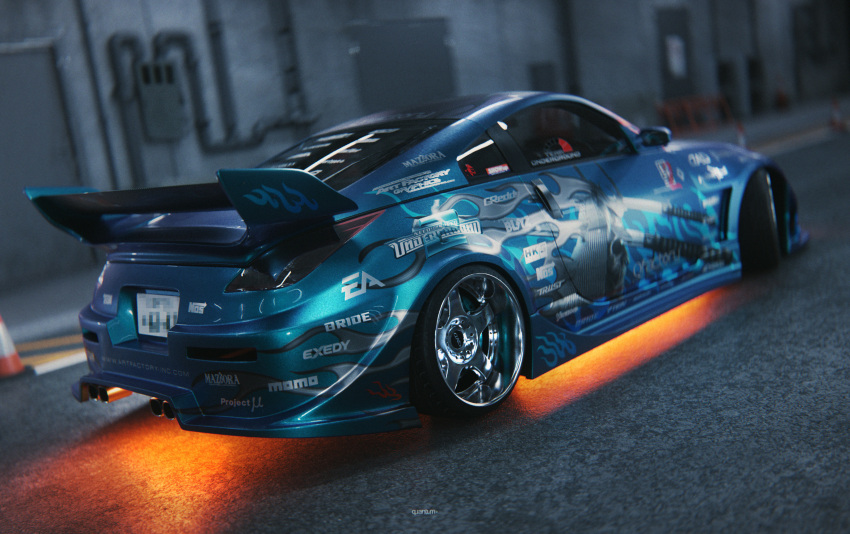 3d, absurdres, car, censored_text, english_commentary, from_behind, highres, license_plate, logo, motor_vehicle, need_for_speed, need_for_speed:_underground_2, nissan, nissan_350z, nissan_fairlady_z, no_humans, original, quantum._(qntmwrx), spoiler_(automobile), sports_car, traffic_cone, vehicle_focus, vending_machine, wheel
