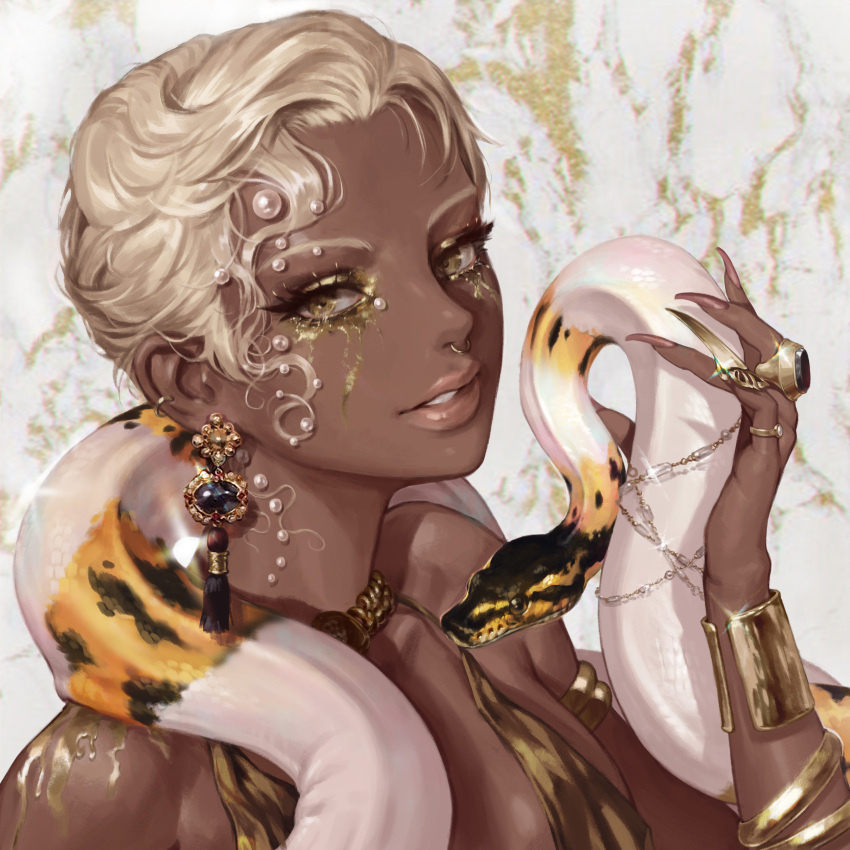 1girl, absurdres, animal_on_shoulder, armlet, black_gemstone, blonde_hair, breasts, commentary