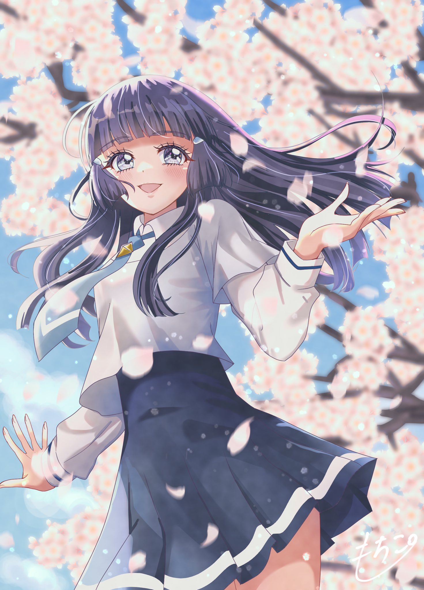1girl, aoki_reika, blue_dress, blue_eyes, blue_hair, blue_necktie, blue_shirt, blush