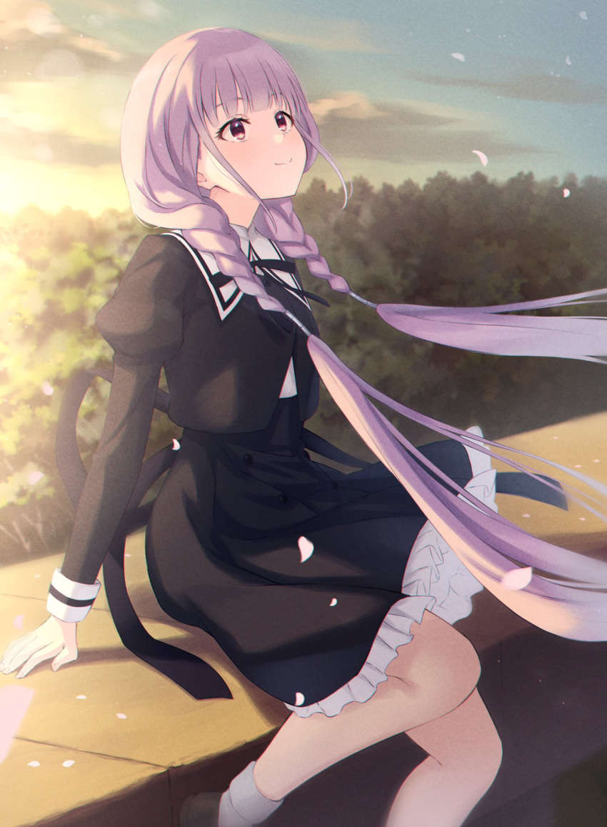1girl, arms_at_sides, assault_lily, black_ribbon, black_skirt, blue_sky, blunt_bangs, braid
