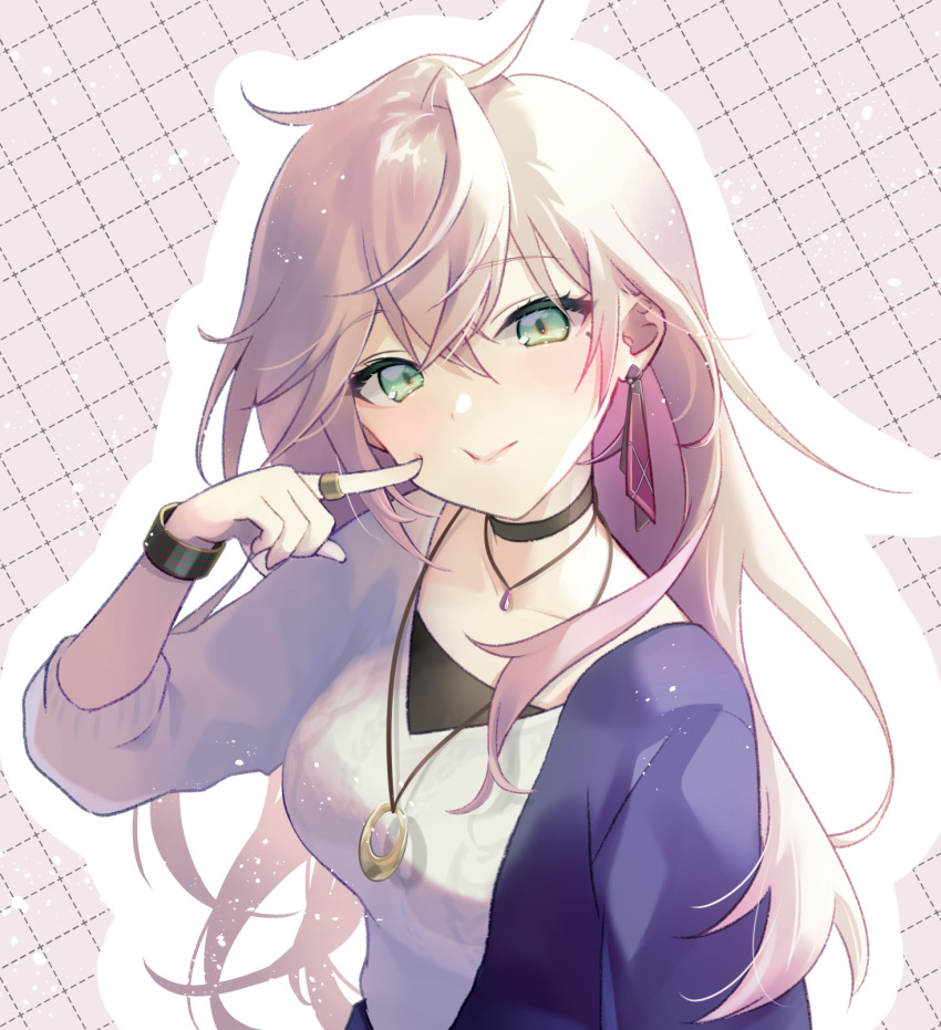 1girl, bangle, black_choker, black_undershirt, bracelet, breasts, cheek_poking, choker