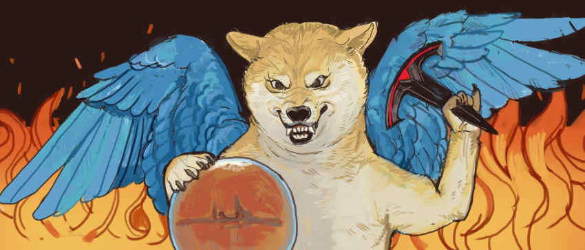 animal, animal_focus, blue_wings, dog, doge, feathered_wings, fiery_background, fire