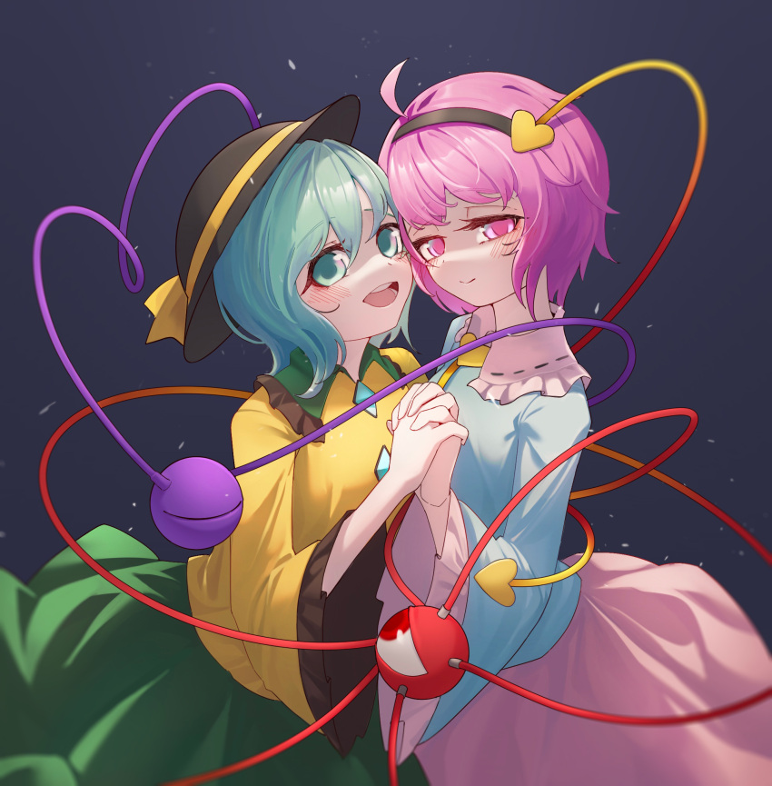 2girls, :d, ahoge, black_hairband, black_headwear, blouse, blue_shirt, blush, buttons, closed_mouth, commentary, diamond_button, frilled_shirt_collar, frilled_sleeves, frills, green_eyes, green_hair, green_skirt, grey_background, hair_between_eyes, hair_ornament, hairband, hand_up, hat, hat_ribbon, heads_together, heart, heart_hair_ornament, highres, interlocked_fingers, komeiji_koishi, komeiji_satori, long_sleeves, looking_at_viewer, medium_hair, multiple_girls, open_mouth, pink_eyes, pink_hair, pink_skirt, red_eyes, ribbon, ribbon_trim, shirt, short_hair, siblings, simple_background, sisters, skirt, smile, teeth, third_eye, tongue, touhou, upper_body, wide_sleeves, yellow_ribbon, yellow_shirt, zhuoken
