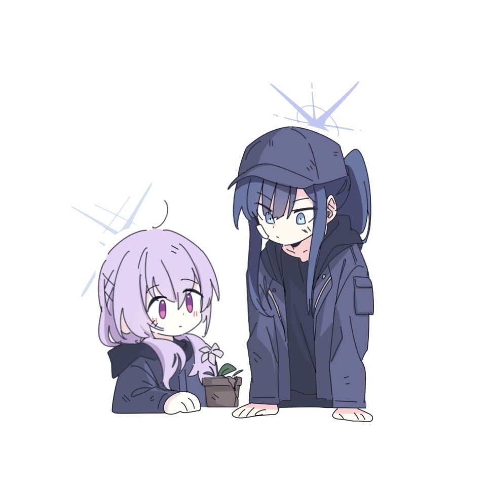 2girls, atsuko_(blue_archive), baseball_cap, black_hoodie, black_jacket, blue_archive, blue_hair, blue_headwear, blush, flower, flower_pot, halo, hat, high_ponytail, hood, hoodie, jacket, low_twintails, multiple_girls, purple_hair, saori_(blue_archive), seal_007, simple_background, twintails, upper_body, white_background, white_flower