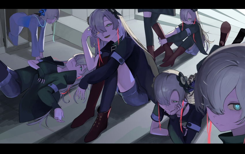 6+girls, absurdres, all_fours, arm_on_knee, asymmetrical_footwear, asymmetrical_legwear, asymmetrical_sleeves, basaru_1106