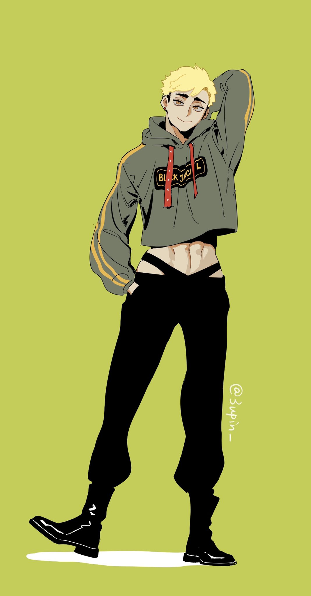 1boy, 3_upin, abs, arm_behind_back, arm_up, black_footwear, black_pants, blonde_hair