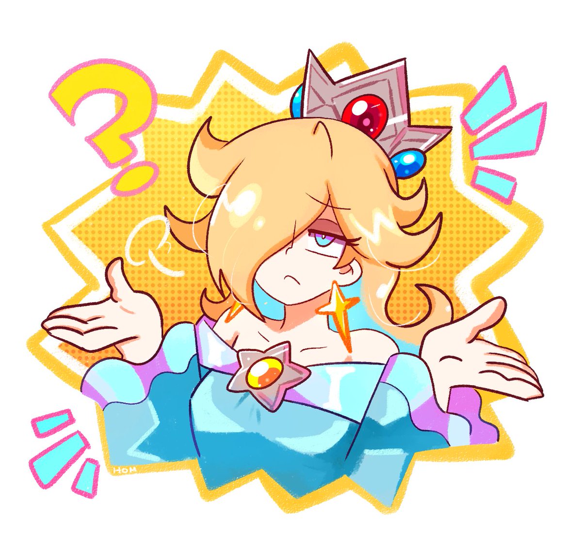 1girl, ?, bare_shoulders, blonde_hair, blue_eyes, collarbone, crown, earrings, hair_over_one_eye, homriette, jewelry, mario_party, mario_party_superstars, mini_crown, rosalina, shrugging, signature, simple_background, solo, super_mario_bros., upper_body, white_background