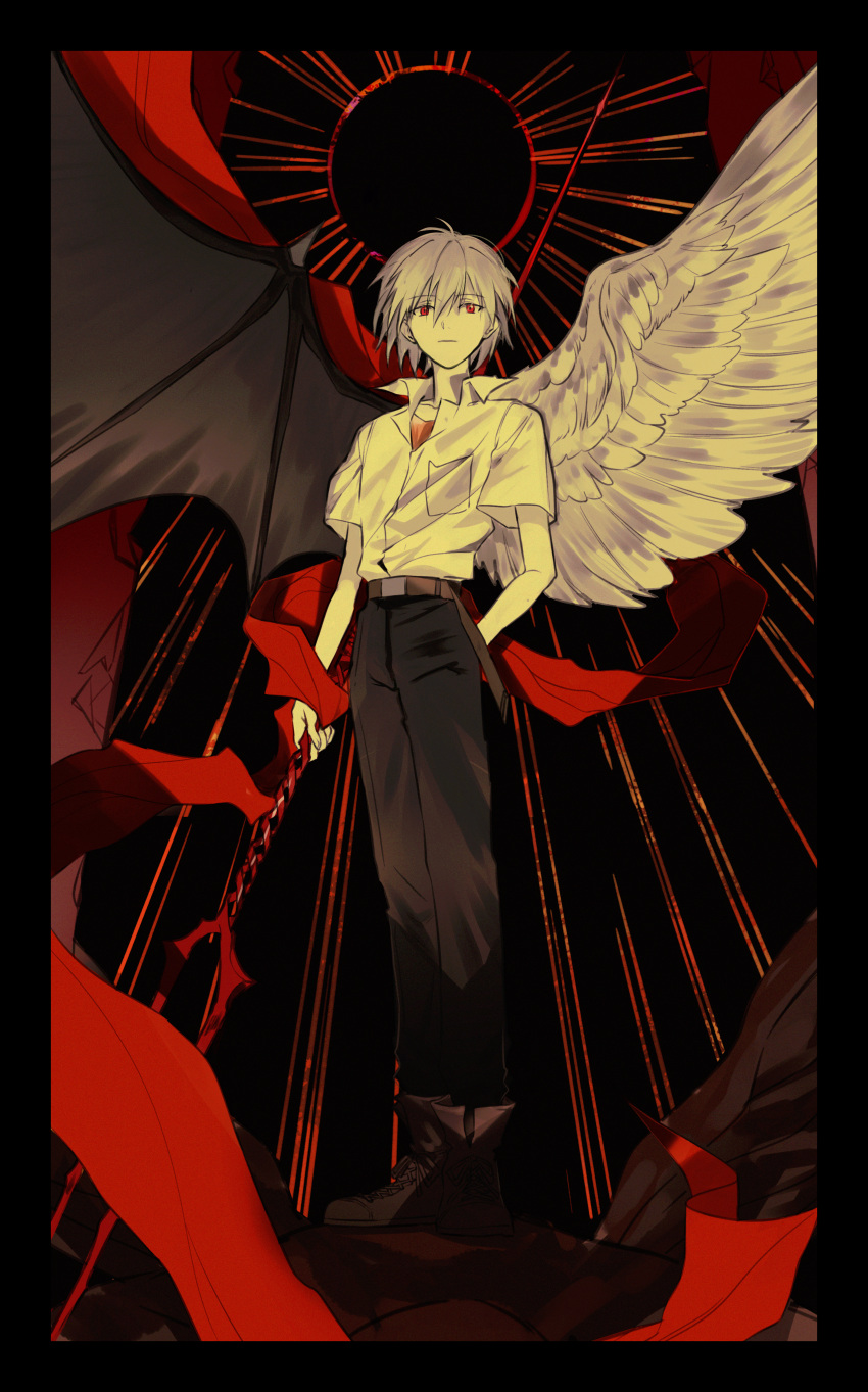 1boy, absurdres, angel_wings, arm_behind_back, belt, black_background, black_border, black_pants