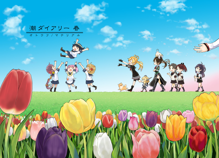 6+girls, abukuma_(kancolle), abukuma_kai_ni_(kancolle), admiral_(kancolle), akebono_(kancolle), animal_on_head, ayanami_(kancolle), ayanami_kai_ni_(kancolle)