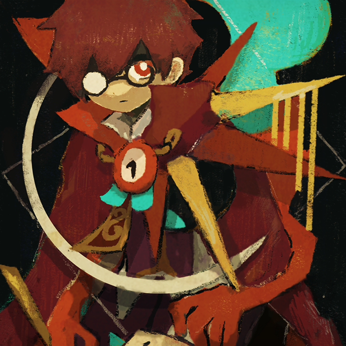 1boy, black_background, bright_pupils, brown_hair, cape, chain, clock, clock_hands