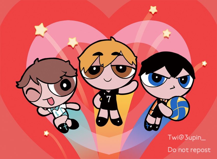 3_upin, 3boys, ahoge, aoba_johsai_volleyball_uniform, arm_up, ball, black_footwear, black_hair