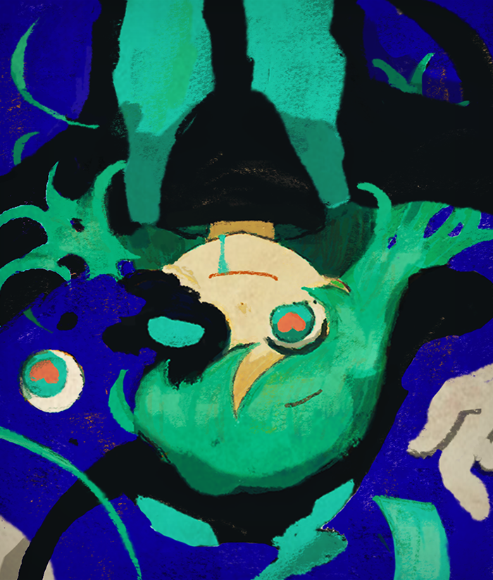 1boy, arms_up, blue_background, blue_eyes, closed_mouth, dissolving, drooling, ecolo_(puyopuyo)