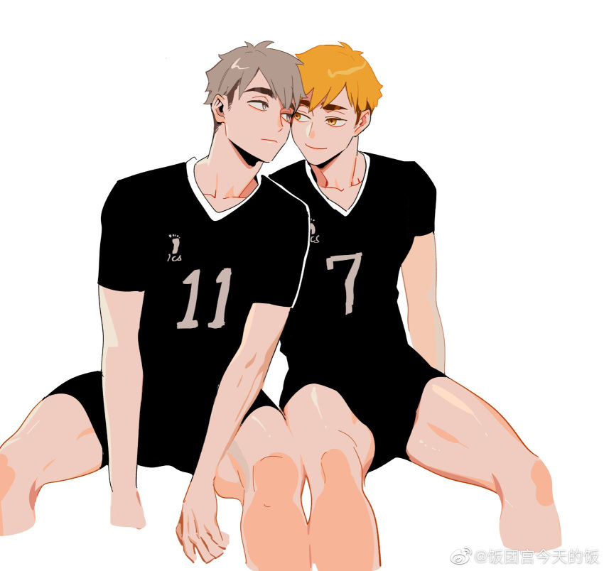 2boys, 3_upin, blonde_hair, cheek-to-cheek, closed_mouth, cropped_legs, grey_eyes, grey_hair