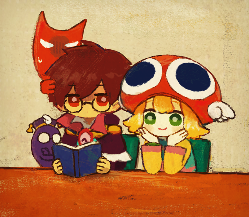 1boy, 1girl, amitie_(puyopuyo), blonde_hair, book, bracelet, bright_pupils, brown_hair