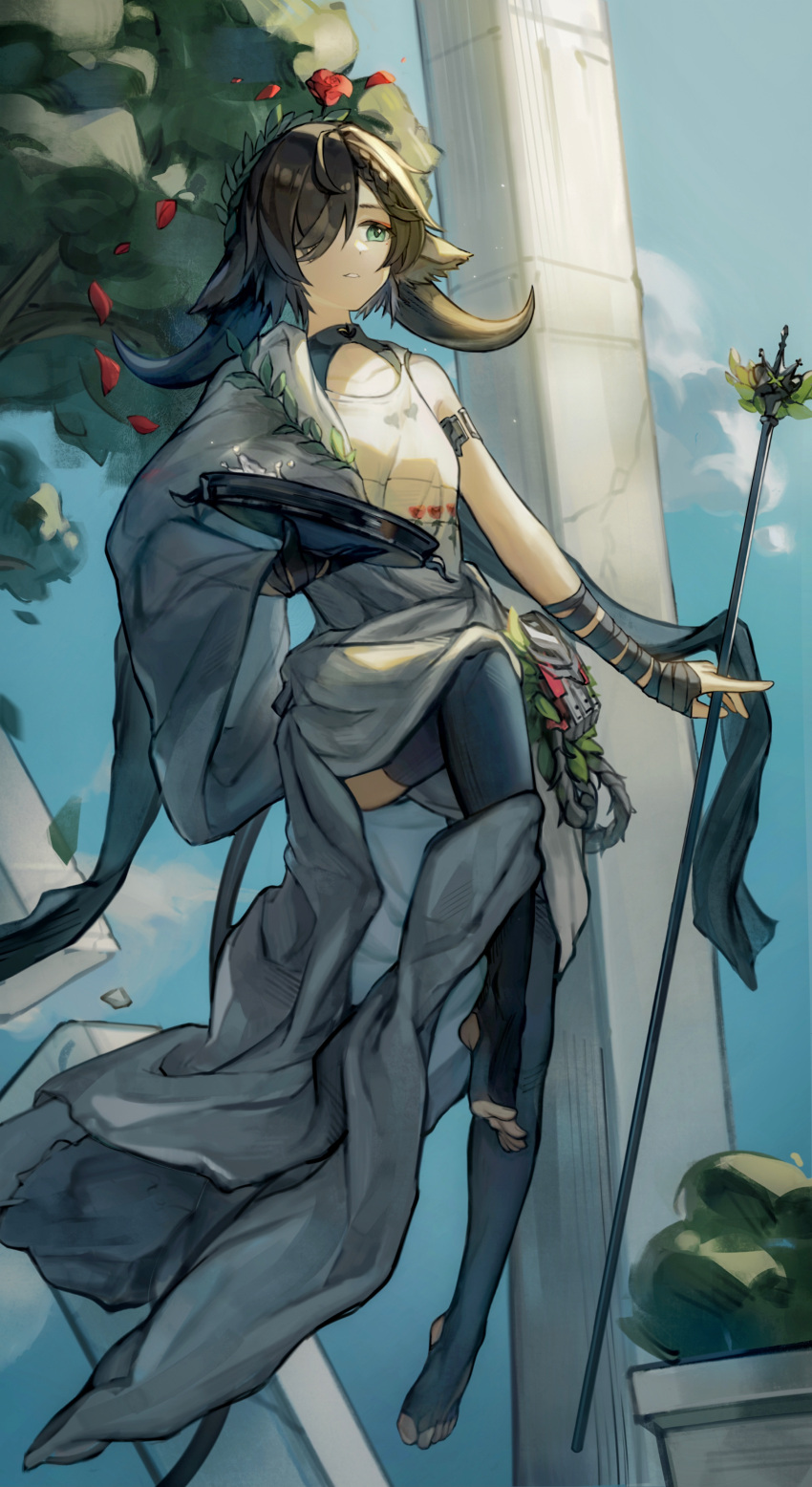 1girl, absurdres, animal_ears, arknights, arm_ribbon, black_ribbon, black_thighhighs, brown_hair, cow_ears, cow_horns, day, ewig, flower, flower_on_head, full_body, green_eyes, hair_over_one_eye, highres, holding, holding_plate, holding_scepter, horns, official_alternate_costume, outdoors, pallas_(arknights), pallas_(heritage)_(arknights), parted_lips, petals, pillar, plate, procreate_(medium), red_flower, red_rose, ribbon, rose, rose_petals, scepter, short_hair, sky, solo, tank_top, thigh-highs, toeless_legwear, toga, tree, white_tank_top