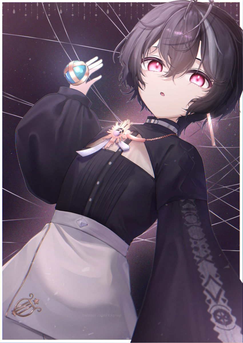 1girl, :o, alternate_color, alternate_eye_color, alternate_hair_color, black_hair, black_shirt, brooch
