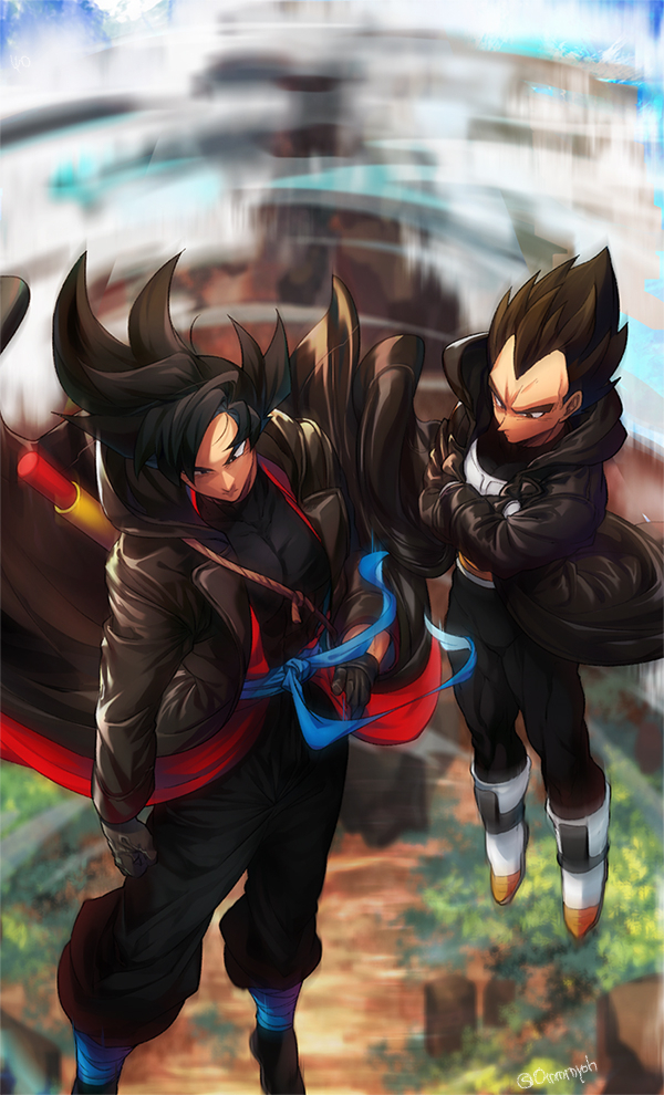 2boys, black_hair, black_pants, blue_sash, closed_mouth, crossed_arms, dougi, dragon_ball
