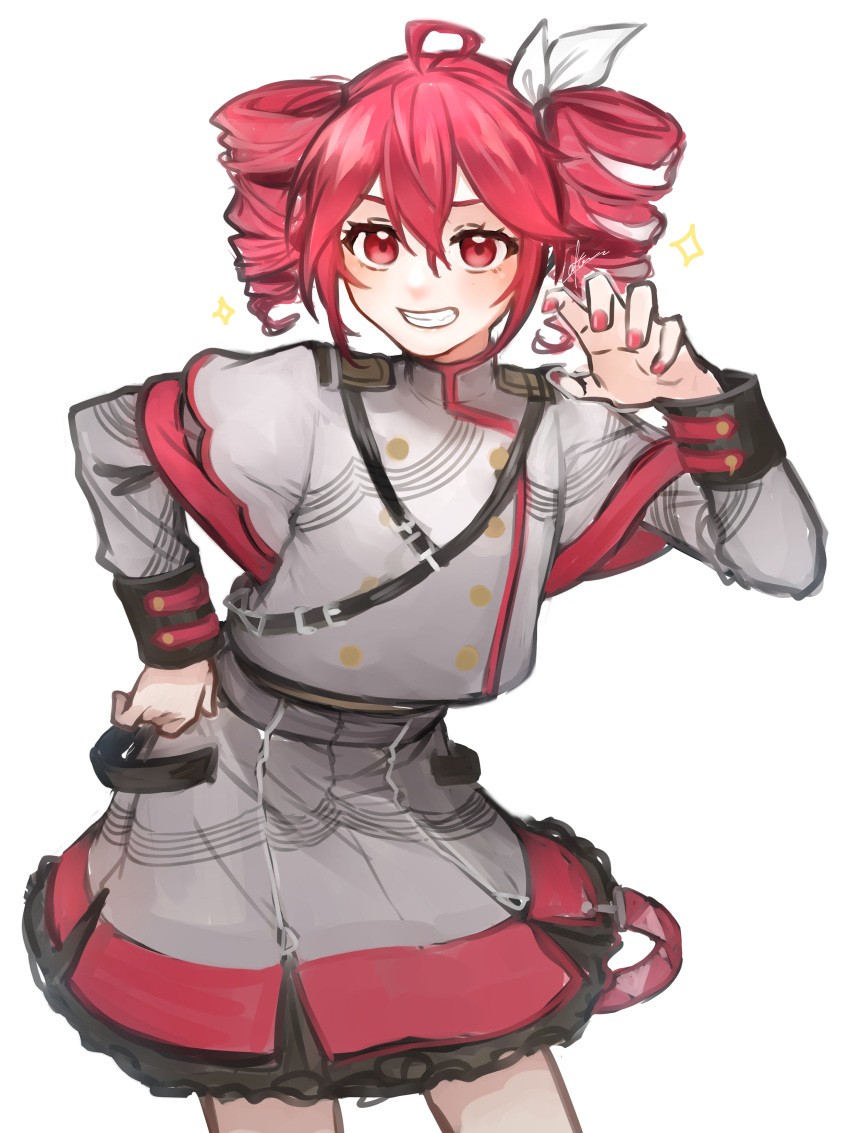 1girl, absurdres, after0217, ahoge, black_skirt, bow, buttons, claw_pose, commentary_request, contrapposto, cowboy_shot, double-breasted, drill_hair, epaulettes, frilled_skirt, frills, grey_shirt, grey_skirt, grin, hair_bow, hand_on_own_hip, hand_up, high_collar, highres, kasane_teto, kasane_teto_(sv), layered_skirt, light_blush, long_sleeves, looking_at_viewer, red_eyes, red_nails, redhead, shirt, short_hair, shoulder_strap, signature, simple_background, skirt, sleeve_cuffs, smile, solo, sparkle, twin_drills, twintails, uniform, utau, white_background, white_bow