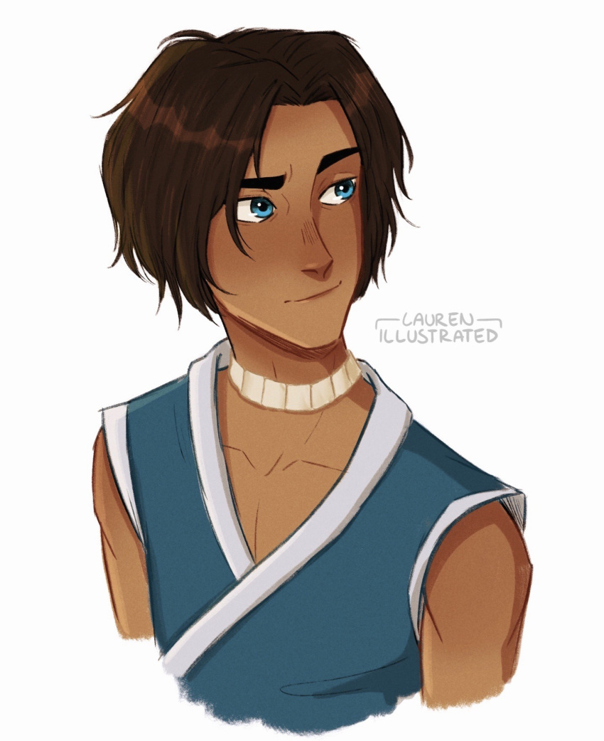 1boy, artist_name, avatar:_the_last_airbender, avatar_legends, blue_eyes, brown_hair, dark-skinned_male, dark_skin, highres, lauren_illustrated, light_smile, male_focus, shirt, sleeveless, sleeveless_shirt, sokka, solo, white_background