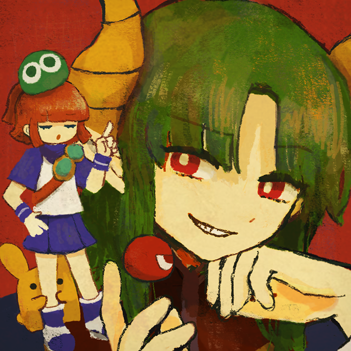 1boy, 1girl, :o, arle_nadja, blob, blue_skirt, blunt_bangs, bright_pupils