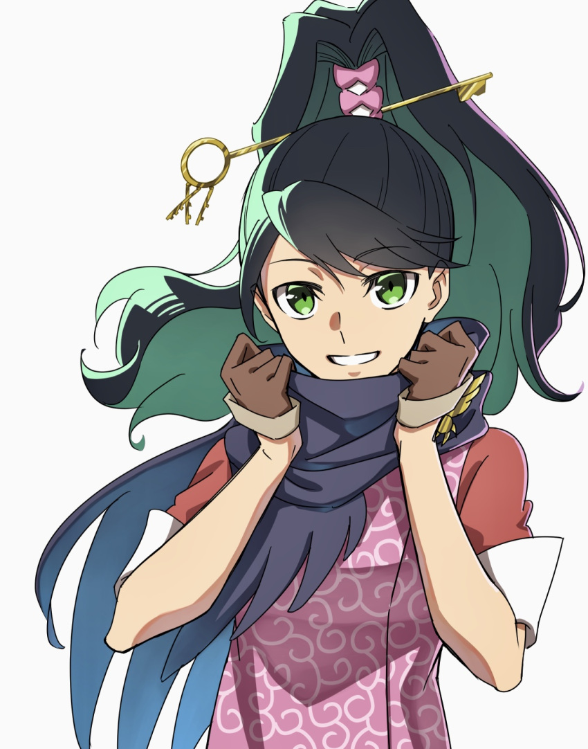 1girl, ace_attorney, ace_attorney_investigations, black_hair, blue_scarf, brown_gloves, gloves, green_eyes