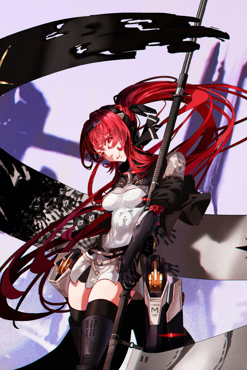 1girl, absurdres, black_hair, black_ribbon, evil_smile, hair_ribbon, highres, holding, holding_staff, krmpuris, long_hair, mechanical_arms, mechanical_legs, ponytail, punishing:_gray_raven, red_eyes, redhead, ribbon, smile, staff, vera_(punishing:_gray_raven), very_long_hair