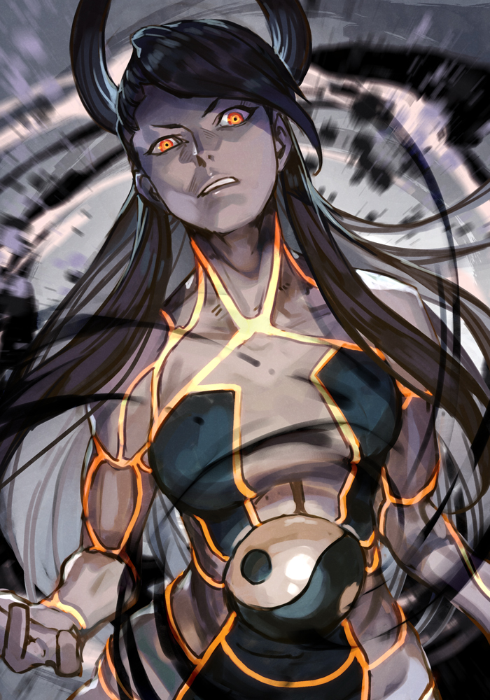 1girl, android, black_hair, colored_skin, female_seth_(street_fighter), grey_skin, hankuri, incoming_attack