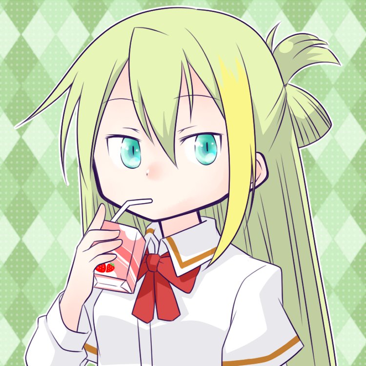 1girl, alina_gray, aqua_eyes, blonde_hair, bow, bowtie, drinking, drinking_straw, drinking_straw_in_mouth, green_hair, hair_between_eyes, holding_carton, iyofika, layered_sleeves, long_hair, long_sleeves, looking_at_viewer, loose_bowtie, magia_record:_mahou_shoujo_madoka_magica_gaiden, mahou_shoujo_madoka_magica, multicolored_hair, red_bow, red_bowtie, sakae_general_school_uniform, school_uniform, shirt, short_over_long_sleeves, short_sleeves, sidelocks, single_hair_ring, solo, straight_hair, strawberry_milk, streaked_hair, upper_body, white_shirt