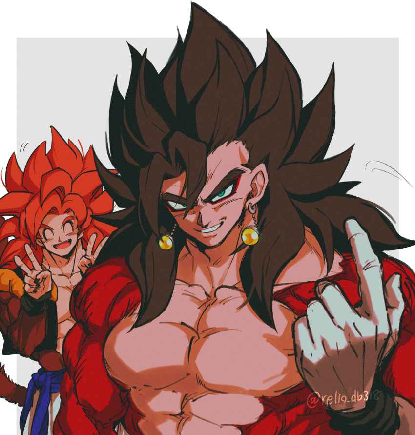 2boys, absurdres, biceps, black_wristband, blue_eyes, blue_sash, body_fur, dragon_ball, dragon_ball_gt, dragon_ball_heroes, earrings, gogeta, gogeta_(xeno), highres, jewelry, looking_at_viewer, male_focus, metamoran_vest, monkey_boy, monkey_tail, multiple_boys, muscular, muscular_male, no_nipples, pants, pectorals, potara_earrings, red_fur, redhead, relio_db318, sash, simple_background, smile, spiky_hair, super_saiyan, super_saiyan_4, tail, vegetto, vegetto_(xeno), veins, veiny_hands, white_pants