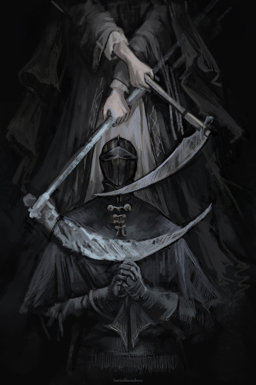 1boy, 1girl, absurdres, armor, black_background, black_gloves, buriedinembers, cloak