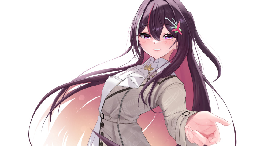 1girl, azki_(hololive), beckoning, blush, brown_hair, byakko_(lock_heart), colored_inner_hair, fingernails