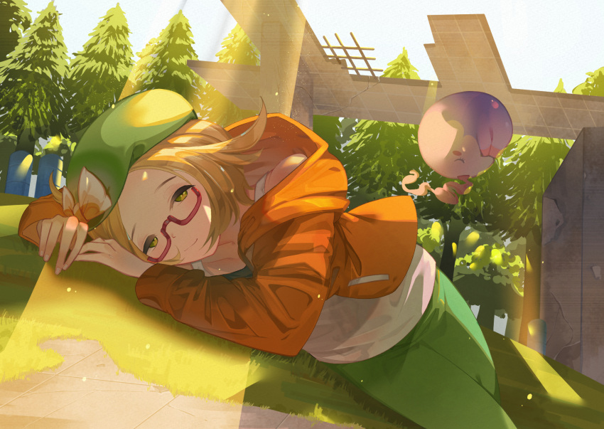 1girl, beret, bianca_(pokemon), blonde_hair, bow, closed_mouth, commentary_request, day, glasses, grass, green_eyes, green_headwear, green_pants, half-closed_eyes, hat, hat_bow, highres, hood, hooded_jacket, jacket, long_sleeves, lying, musharna, notiu, open_clothes, open_jacket, orange_jacket, outdoors, pants, pokemon, pokemon_(creature), pokemon_(game), pokemon_bw2, red-framed_eyewear, semi-rimless_eyewear, shirt, short_hair, sleepy, smile, tree, white_bow, white_shirt