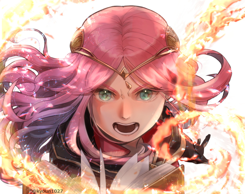 1girl, aqua_eyes, banner, black_gloves, book, close-up, diadem, fire