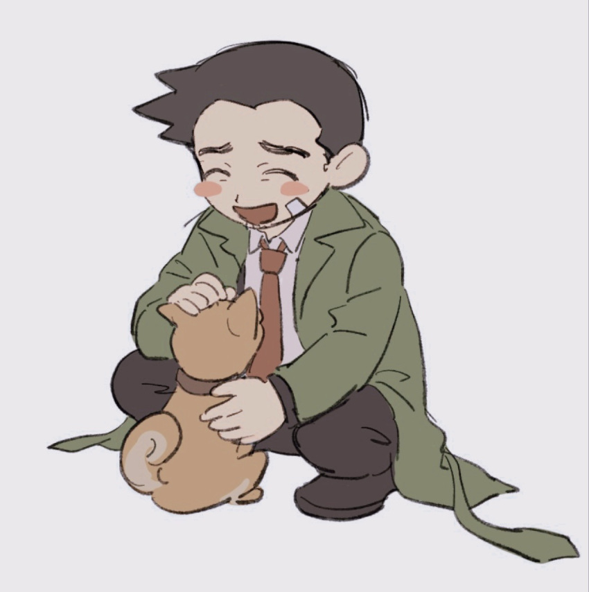1boy, ace_attorney, bandaid, bandaid_on_face, black_pants, brown_hair, closed_eyes, coat